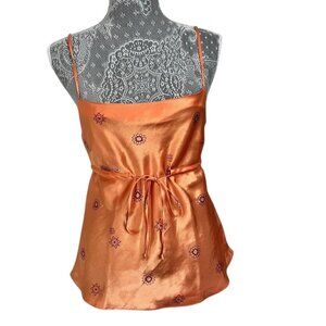 Etam Silky Sleeveless Strappy Satin Orange Tie Waist Blouse Top, Women's, Small